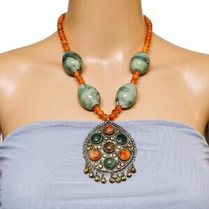 Tribal Kuchi Pendant Necklace Sardonyx & Green Ceramic Beads Boho Statement